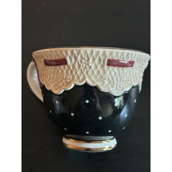 Sandy Clough Claudette Cup & Saucer Set Black & White Polka Dots Lace Detailing - Picture 5 of 12